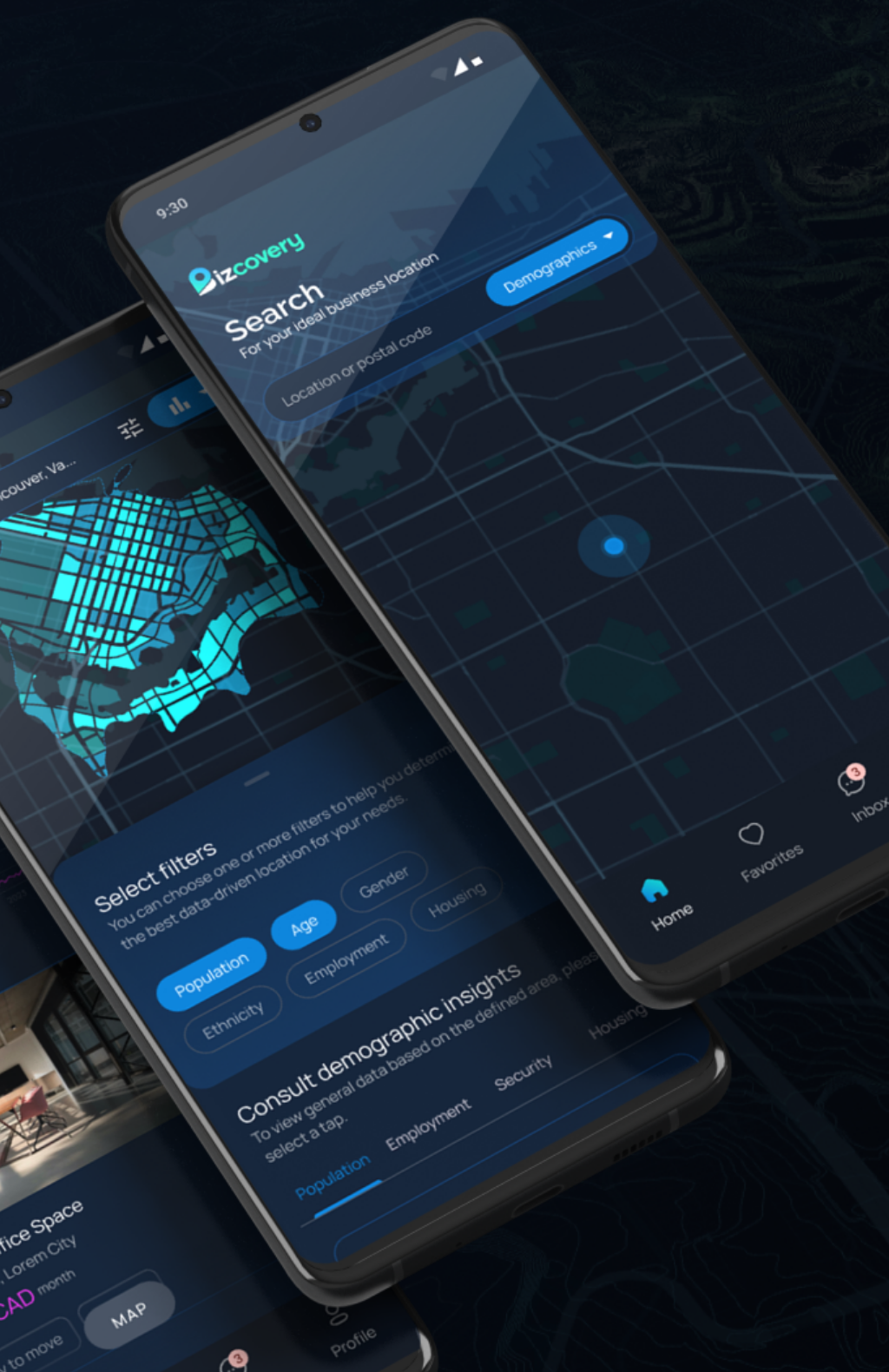 Mockup of 3 mobile phones showing Bizcovery app interface