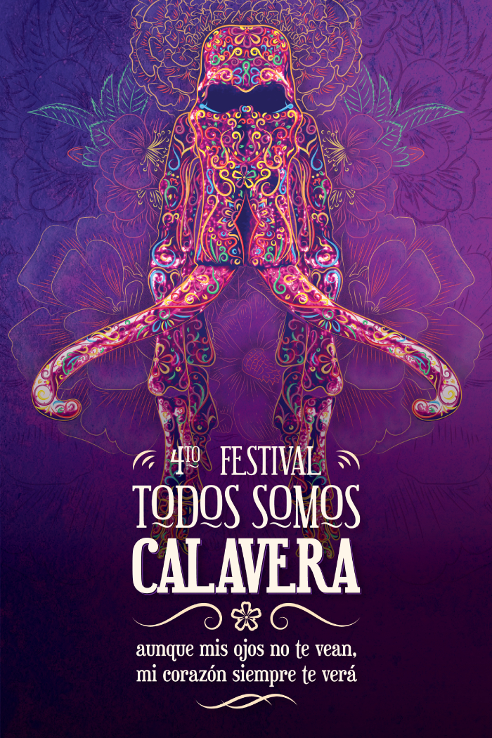 Colourful poster of mammoth bones in Mexican Day of the Dead style with purple background