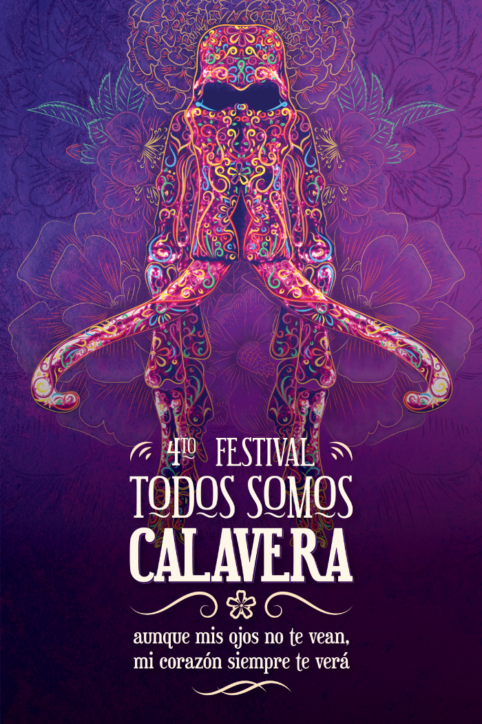 Colourful poster of mammoth bones in Mexican Day of the Dead style with purple background