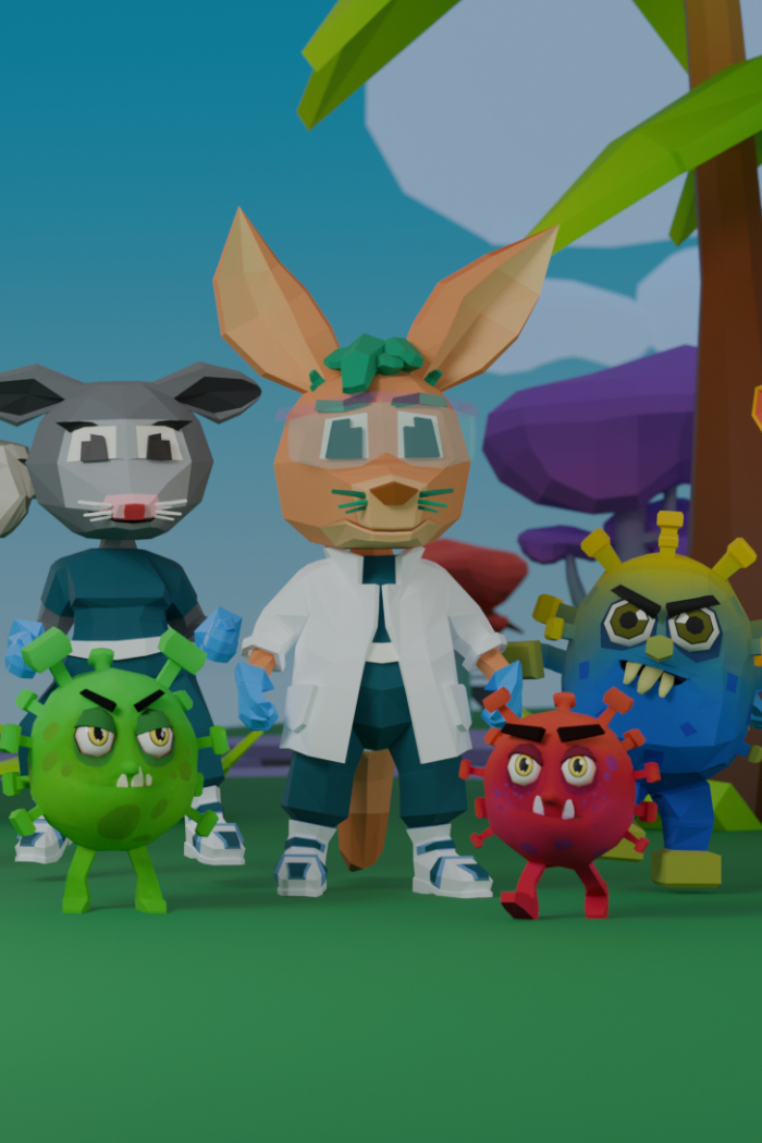 Screenshoot of a video game for kids, showing a stylised virus
