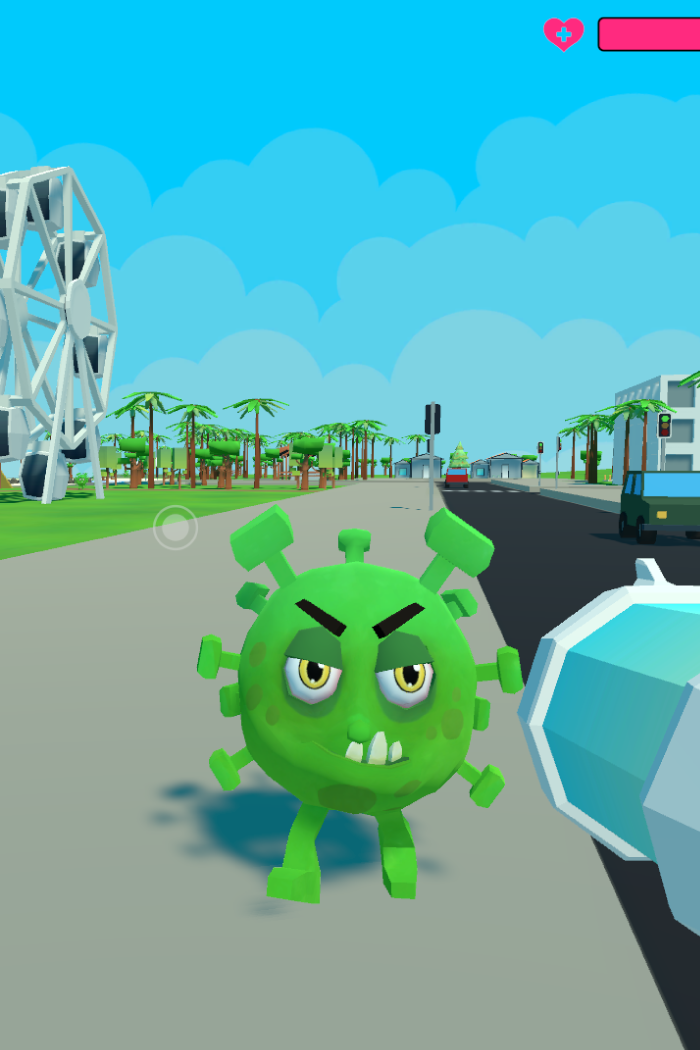 Screenshoot of a video game for kids, showing a stylised virus