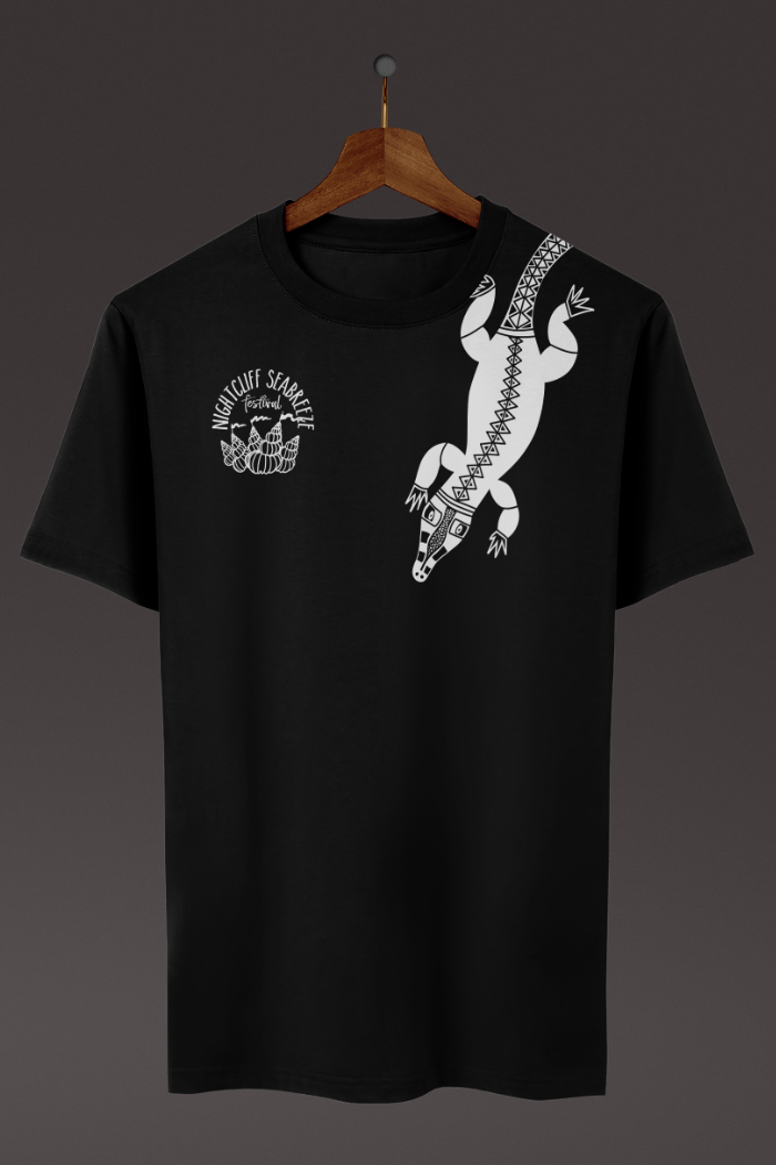 A black t-shirt with Seabreeze logo on the left and a crocodile on the right