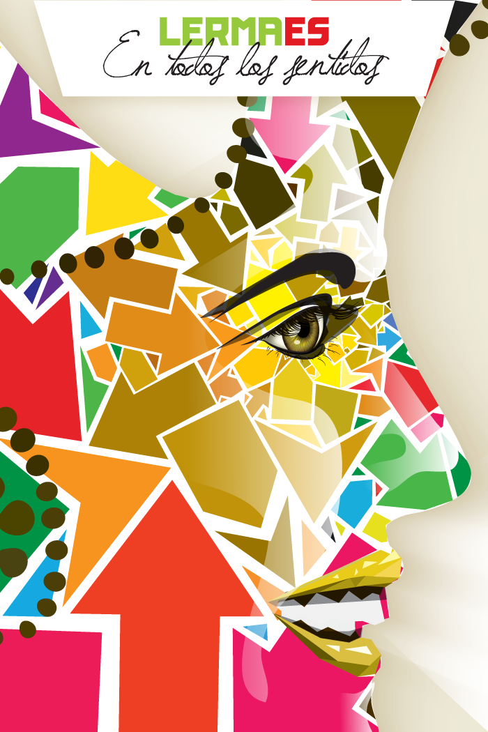 Colourful poster with an abstract face and text at the top